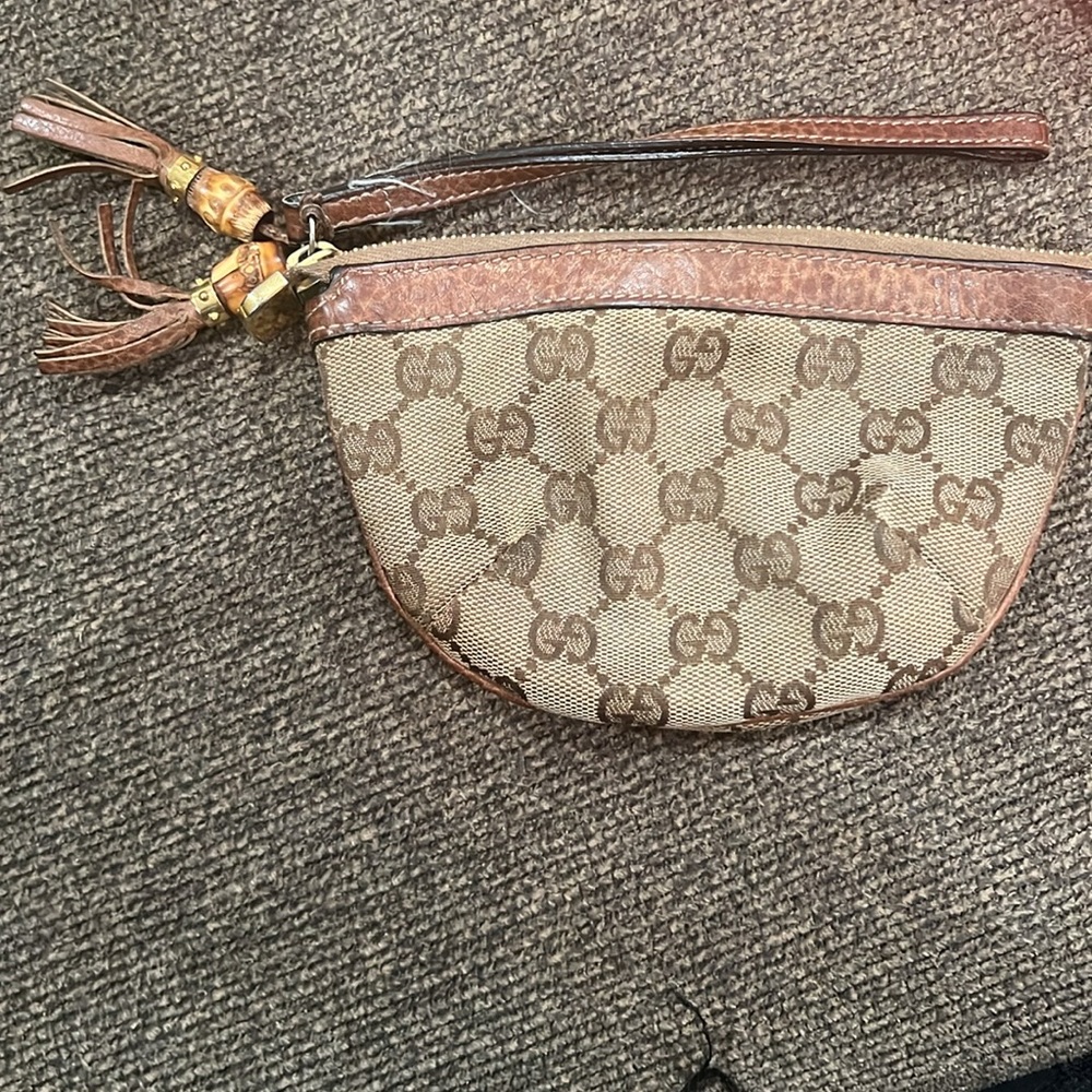 Gucci Vintage Guccissima Brown Leather Bamboo Wristlet.